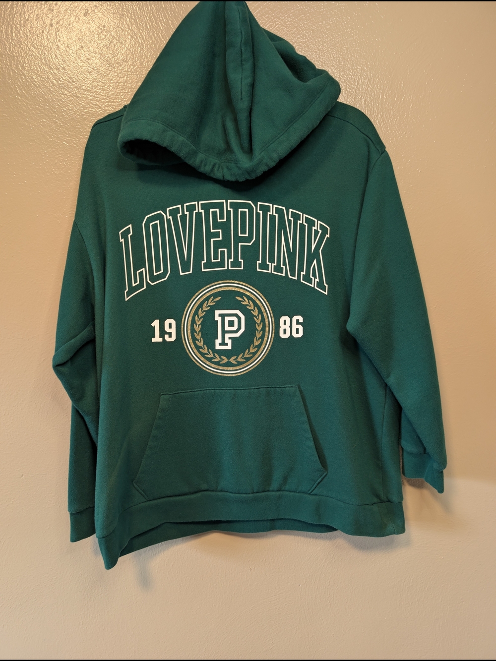 PINK Victoria's Secret Dark Green 'LOVE PINK' Hooded Sweatshirt